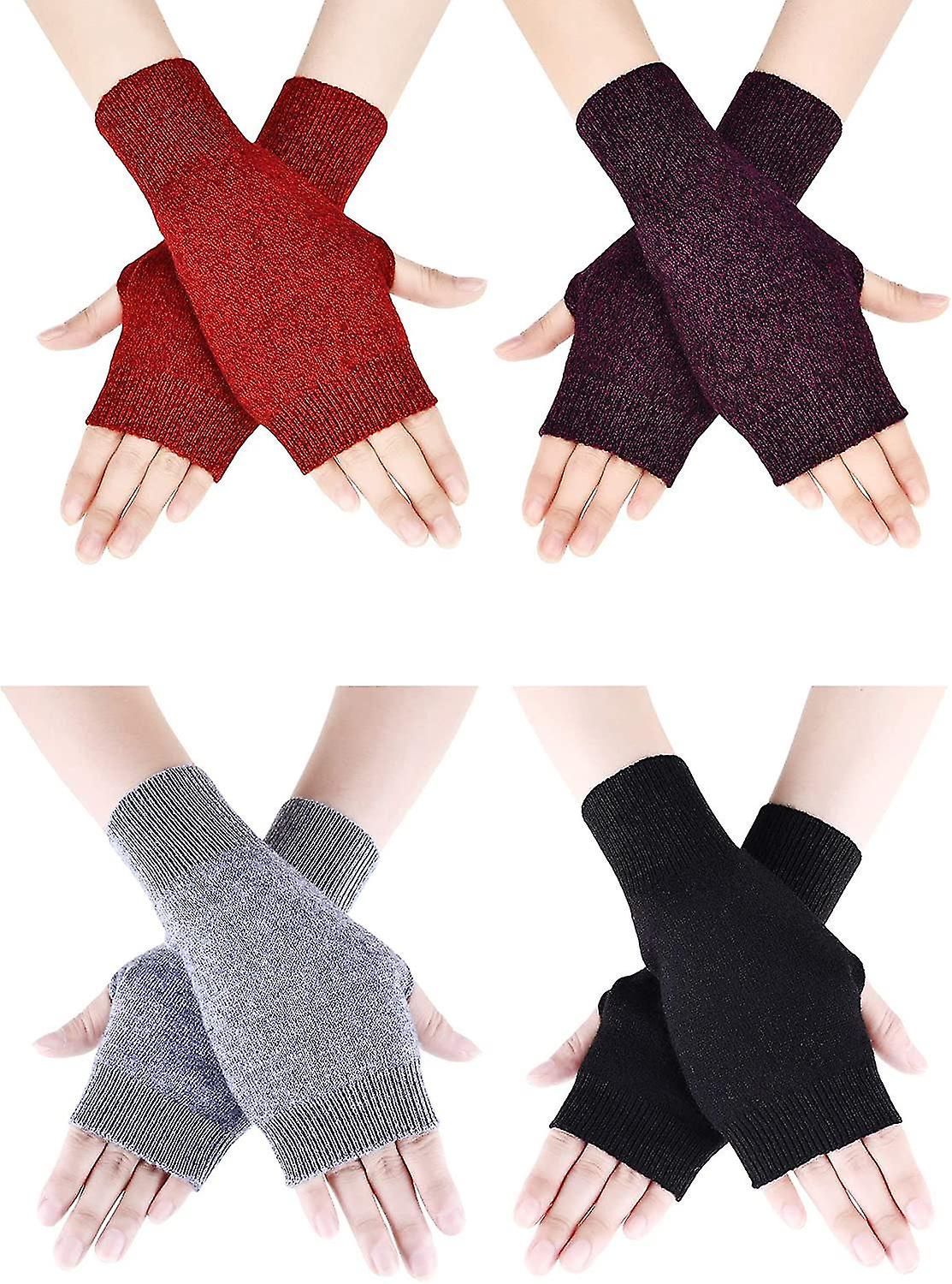 4 Pairs Cashmere Feel Fingerless Gloves With Thumb Hole Warm Gloves For Women And Men