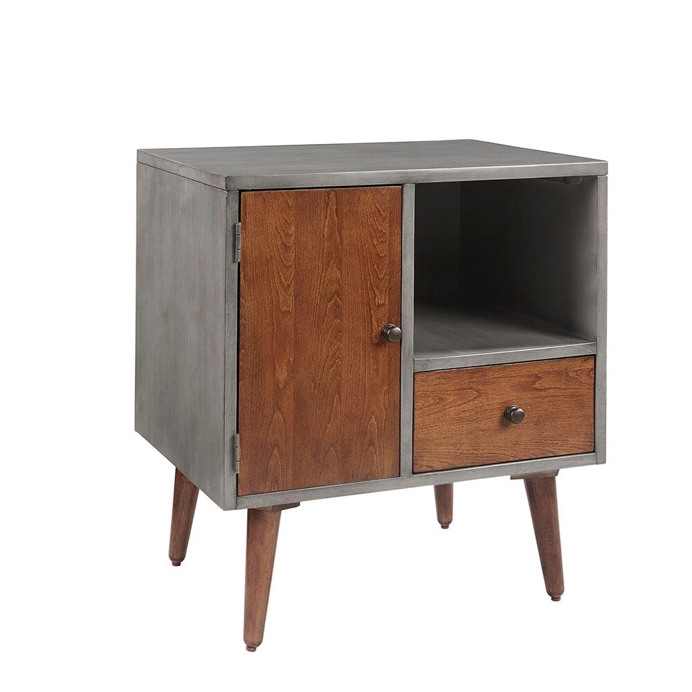 Mid Century Modern Bedside Table with Storage Drawer Open Wood Shelf End Table Wood Finish Matte Accents with Storage