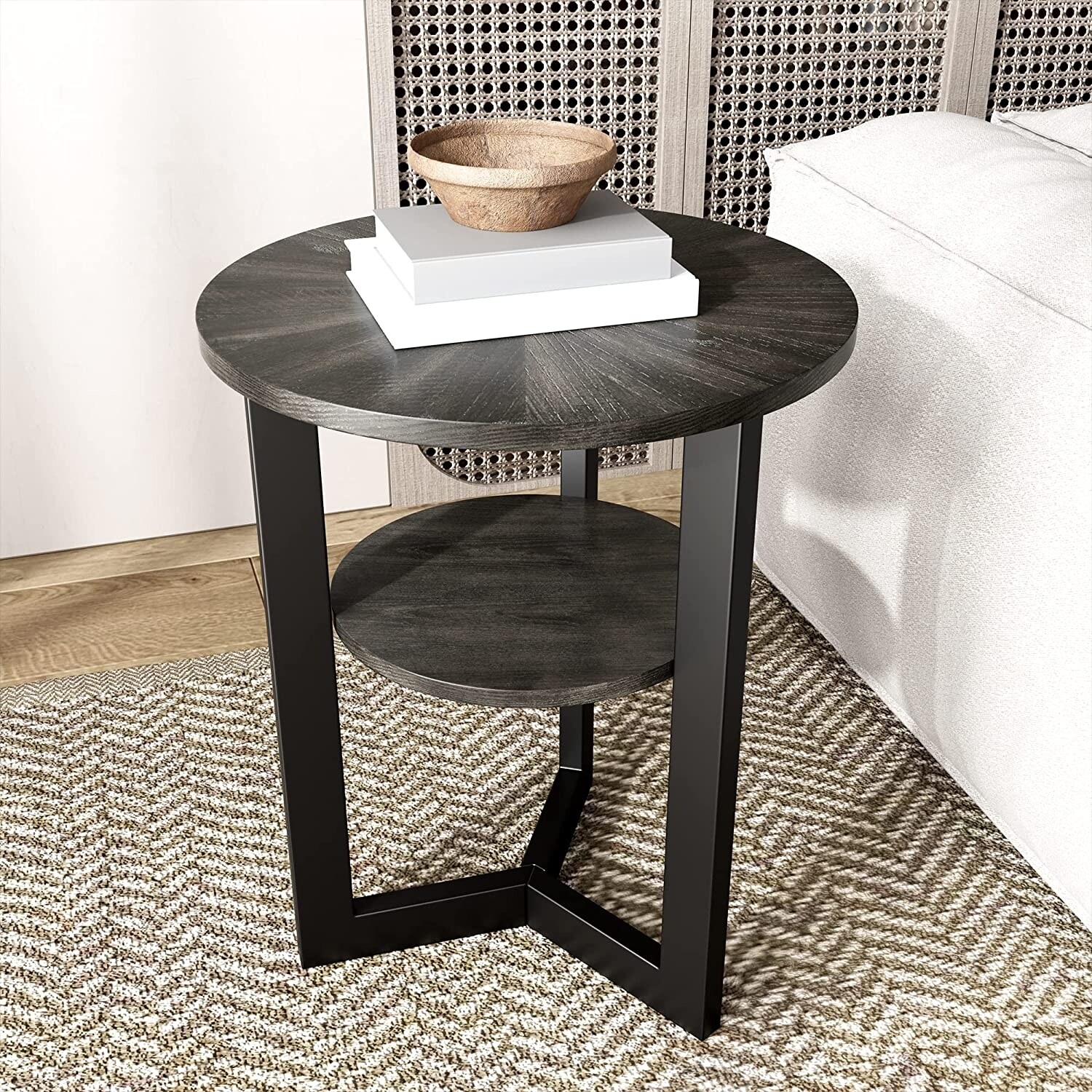 End Table Solid Wood 2-Tier Circle Side Table Nightstand - 19'3