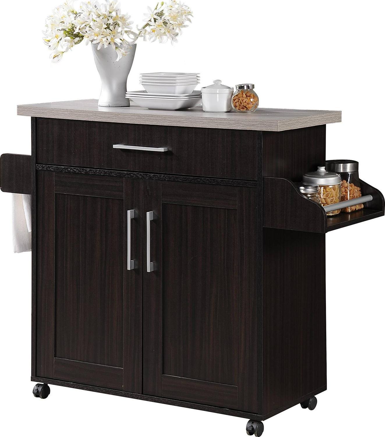 Hodedah Kitchen Cart with Spice Rack plus Towel Holder， Chocolate  Grey