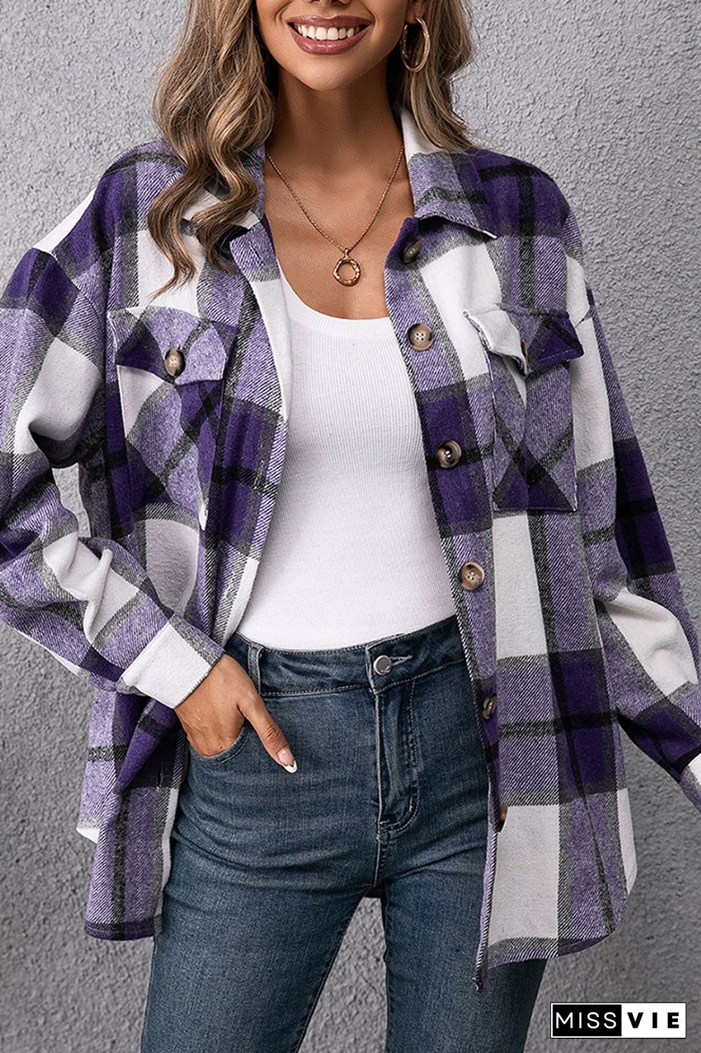 Plaid Double Pockets Turn-down Collar Shacket Jacket Women Wholesale