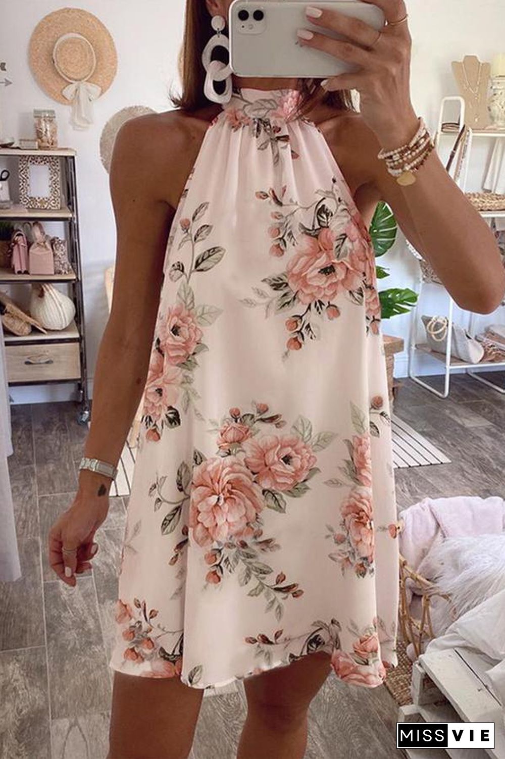 Pretty Floral Print Lace-up Halter Dress