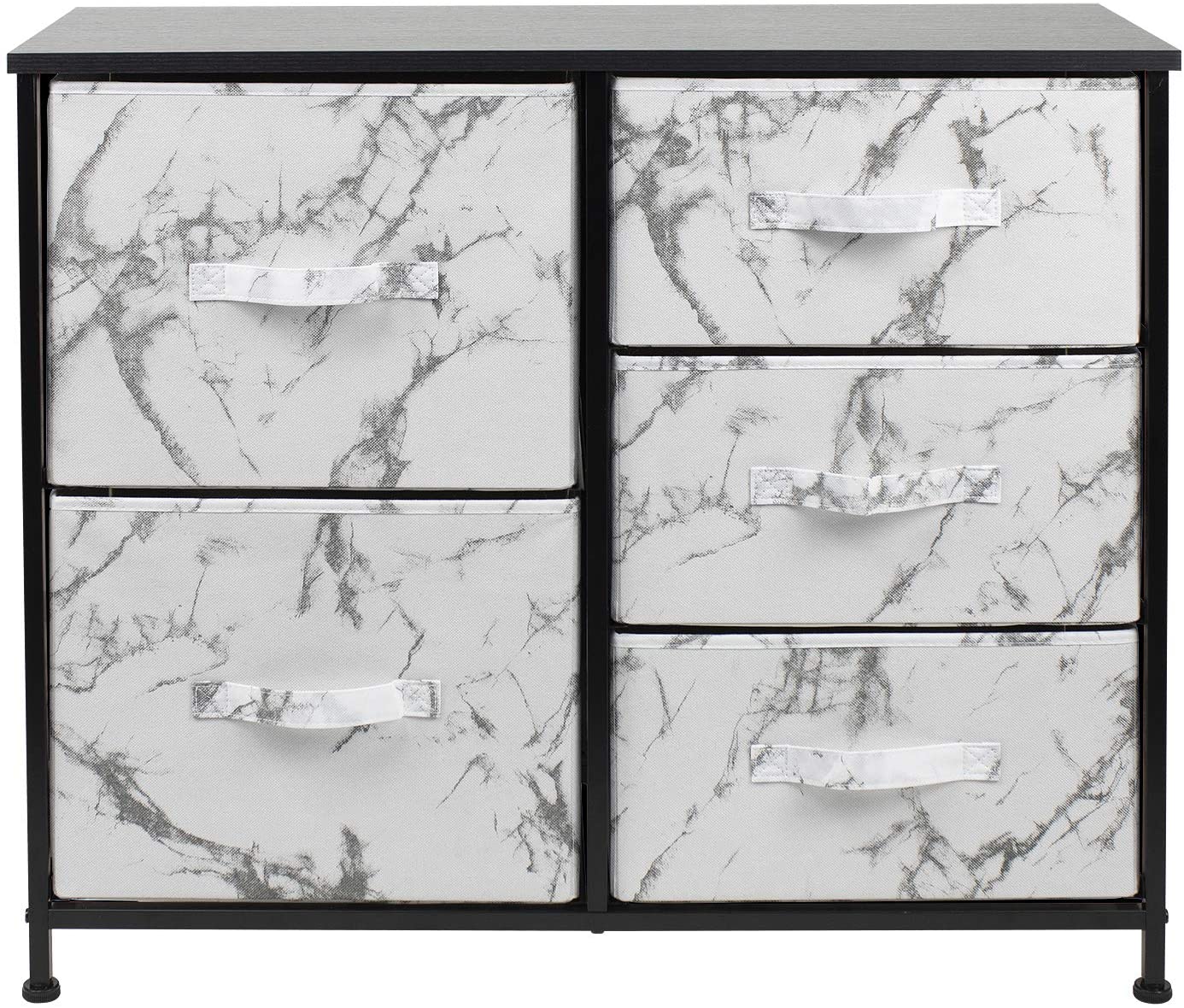 Sorbus Dresser with 5 Drawers- Black Frame, White Marble Drawers