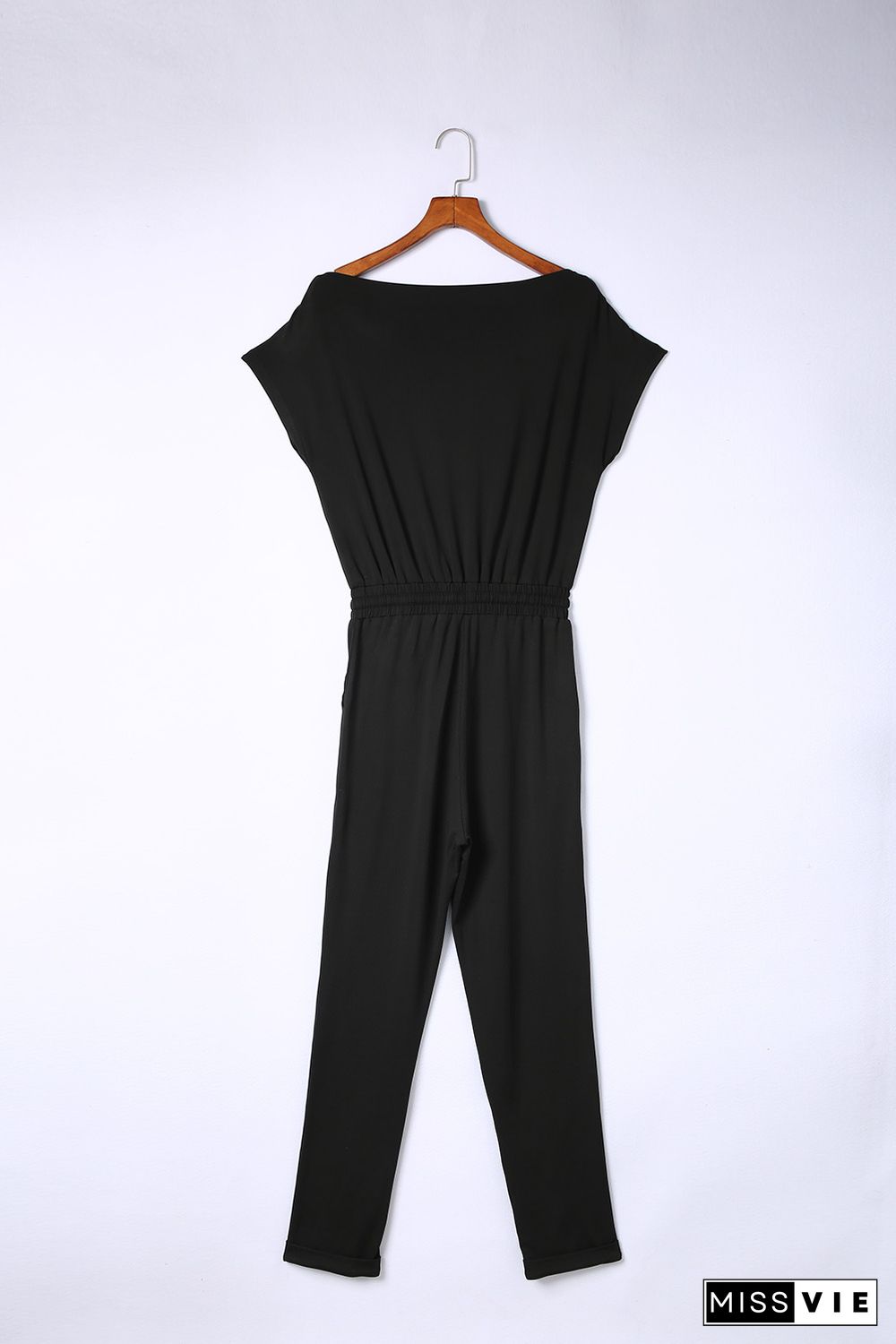 Black Tie Waist Short Sleeve Tapered Jumpsuit