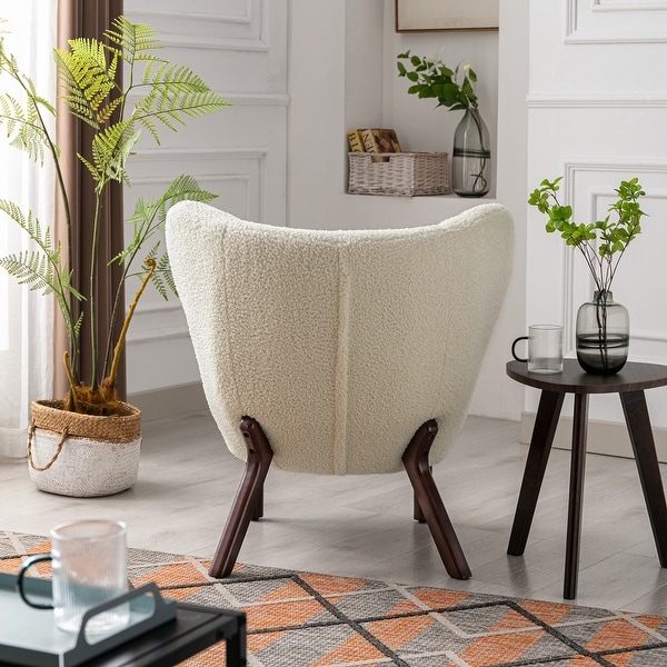 Modern Accent Chair with Lambskin Sherpa Wingback Tufted Side， Solid Wood Legs