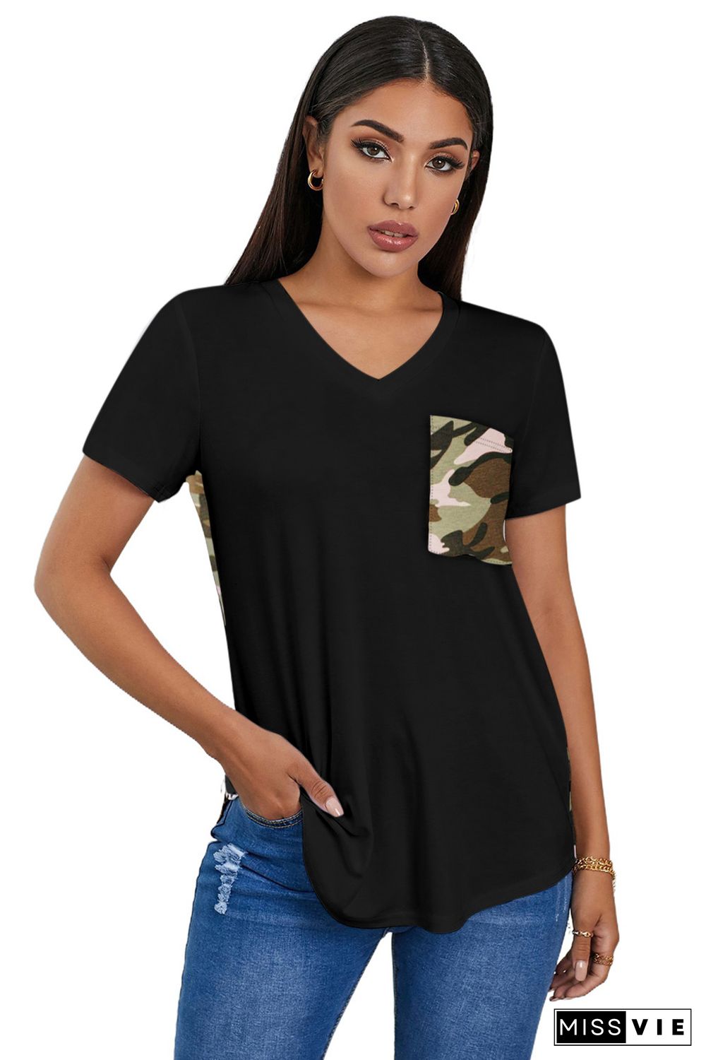 Black Women's Casual Camo Printed Splicing Pullover Pocket T-shirt