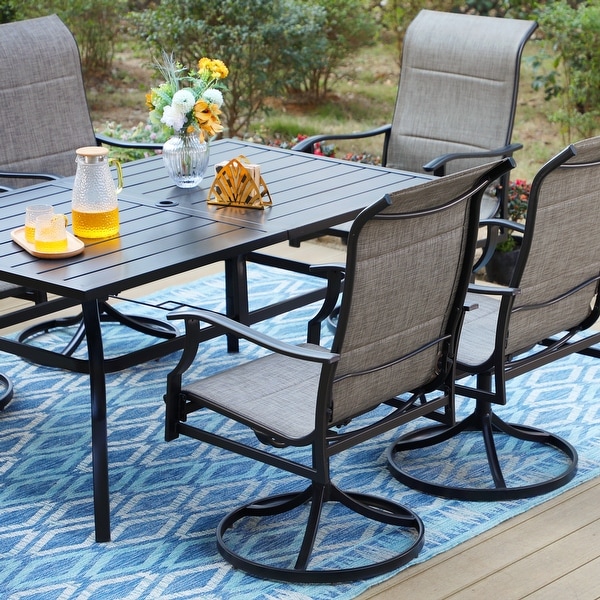 MAISON ARTS 7/8 Pieces Patio Dining Set，Rectangular Black Metal Table with 6 Padded Textilene Fabric Swivel Chairs