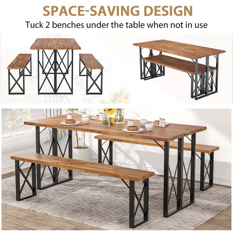 3 Pcs Acacia Wood Outdoor Picnic Table Bench Set with 2