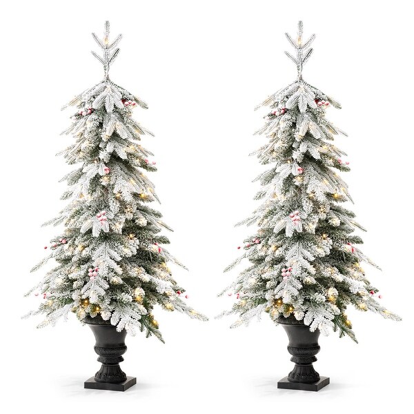 Glitzhome 4FT/5FT PreLit Flocked Fir Artificial Christmas Potted Porch Trees