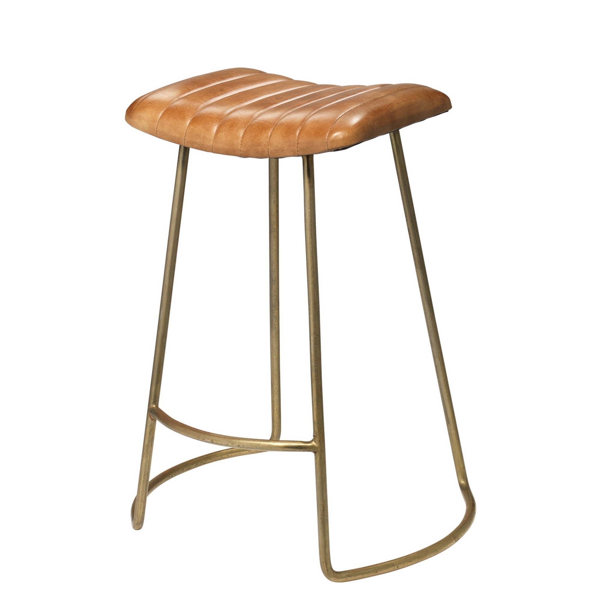 Counter Stool with Leatherette Vertical Channel Stitching， Brown and Gold