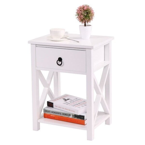 2 Piece Coffee Table with One Drawer Bedside Table X-Shaped Side Table with Storage Shelf End Table for Living Room，Bedroom