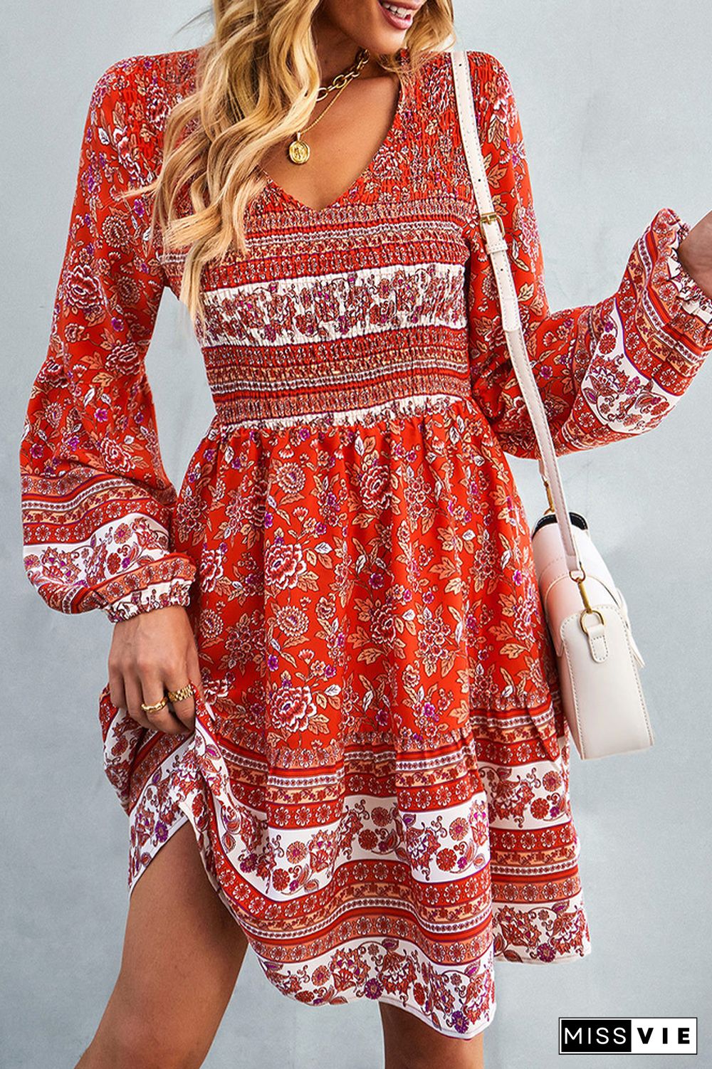 V Neck Smocked Boho Floral Long Sleeves Dress