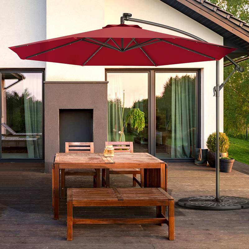 10 FT Offset Patio Umbrella with Solar LED Lights & Cross Base, Large Outdoor Cantilever Umbrella for Sun Rain