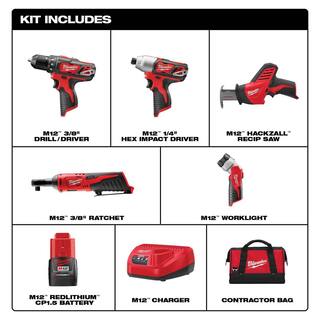 MW M12 12V Lithium-Ion Cordless Combo Kit (5-Tool) with Two 1.5 Ah Batteries Charger and Tool Bag 2498-25H