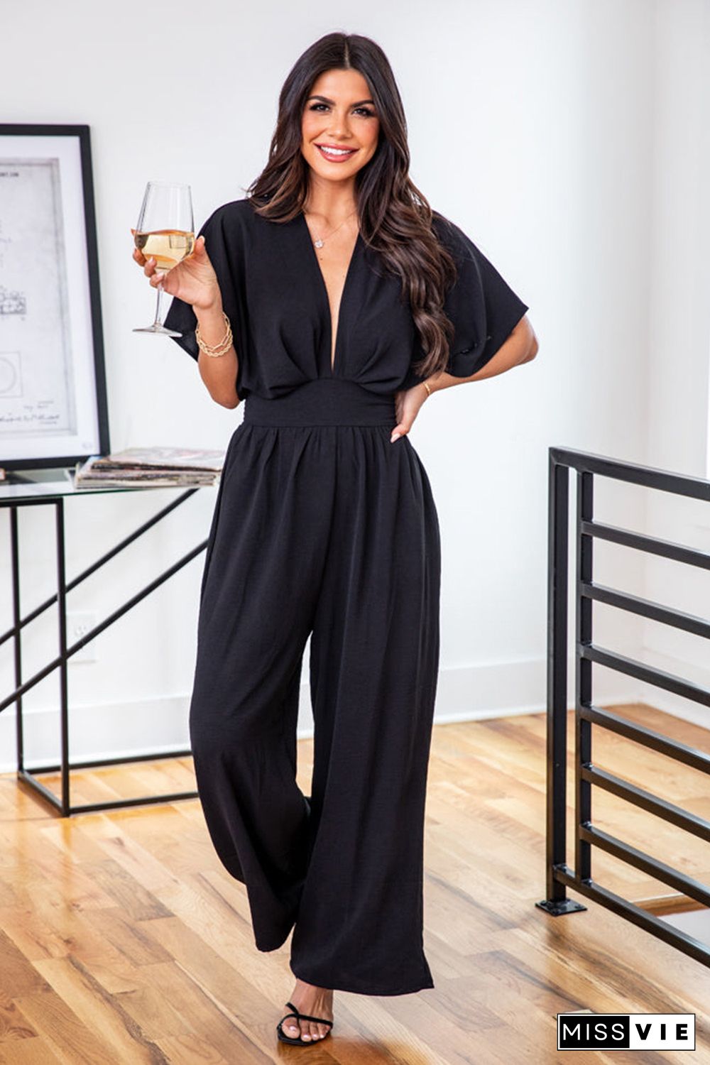 Black Deep V Neck High Waist Wide Leg Jumpsuit