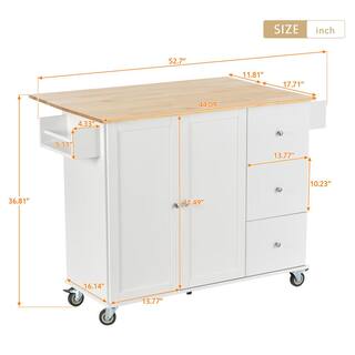 Tileon White Solid Wood Top 52.76 in. W Kitchen Island with Drop Leaf and Drawers Storage Cabinet with Locking Wheels WYHDRA074