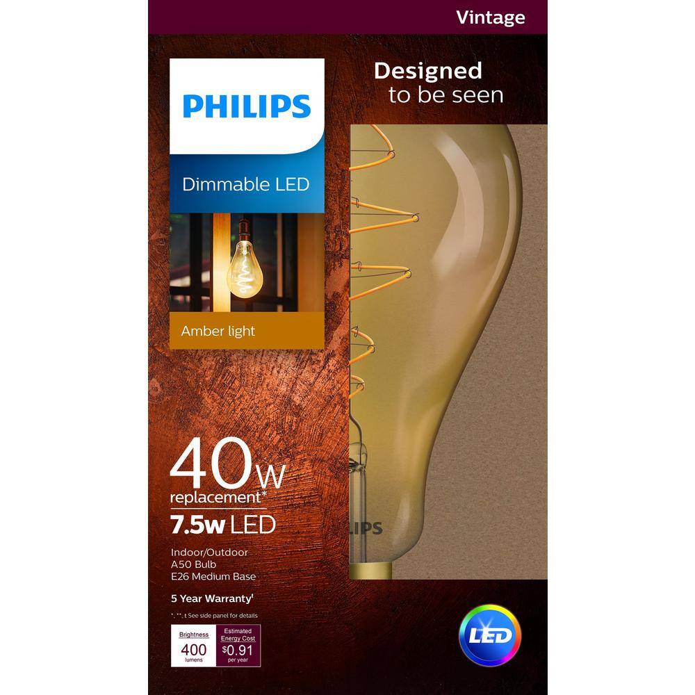 Philips 40-Watt Equivalent A50 Dimmable Vintage Glass Edison LED Large Light Bulb Amber Warm White (2000K) (4-Pack) 536276