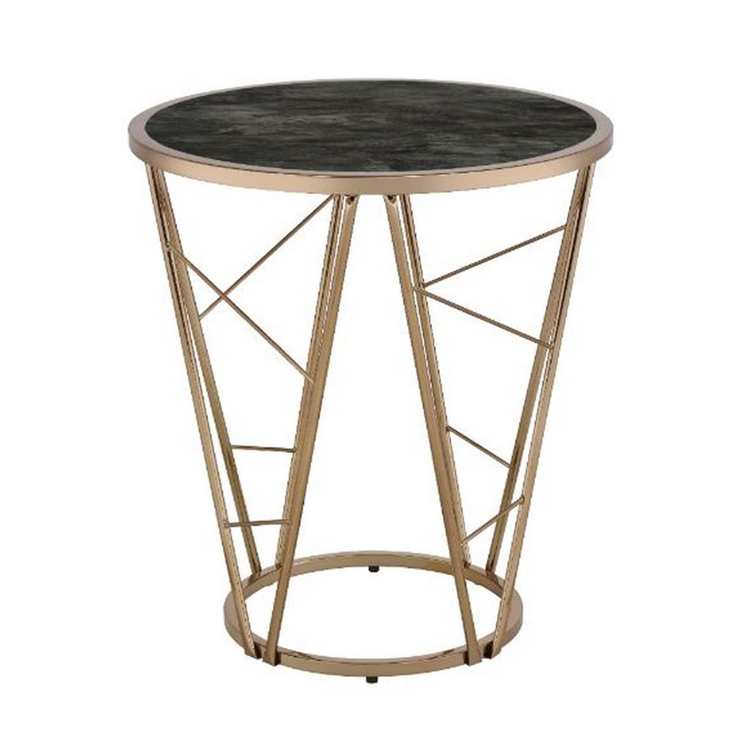 End Table with Glass Top and Geometric Frame， Black and Gold