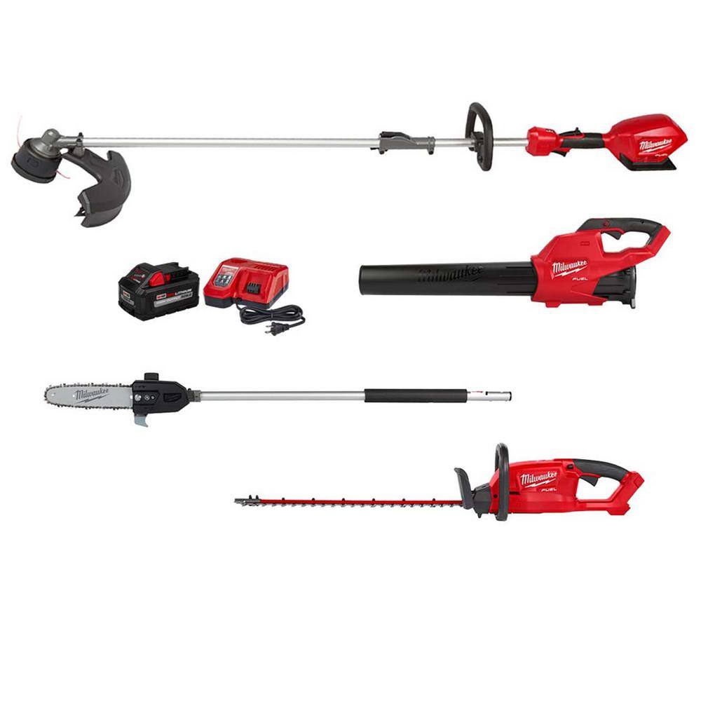 MW M18 FUEL 18-Volt Lith-Ion Brushless Cordless Electric String TrimmerBlower Combo Kit wHedge Trimmer Pole Saw (4-Tool) 3000-21-49-16-2720-2726-20