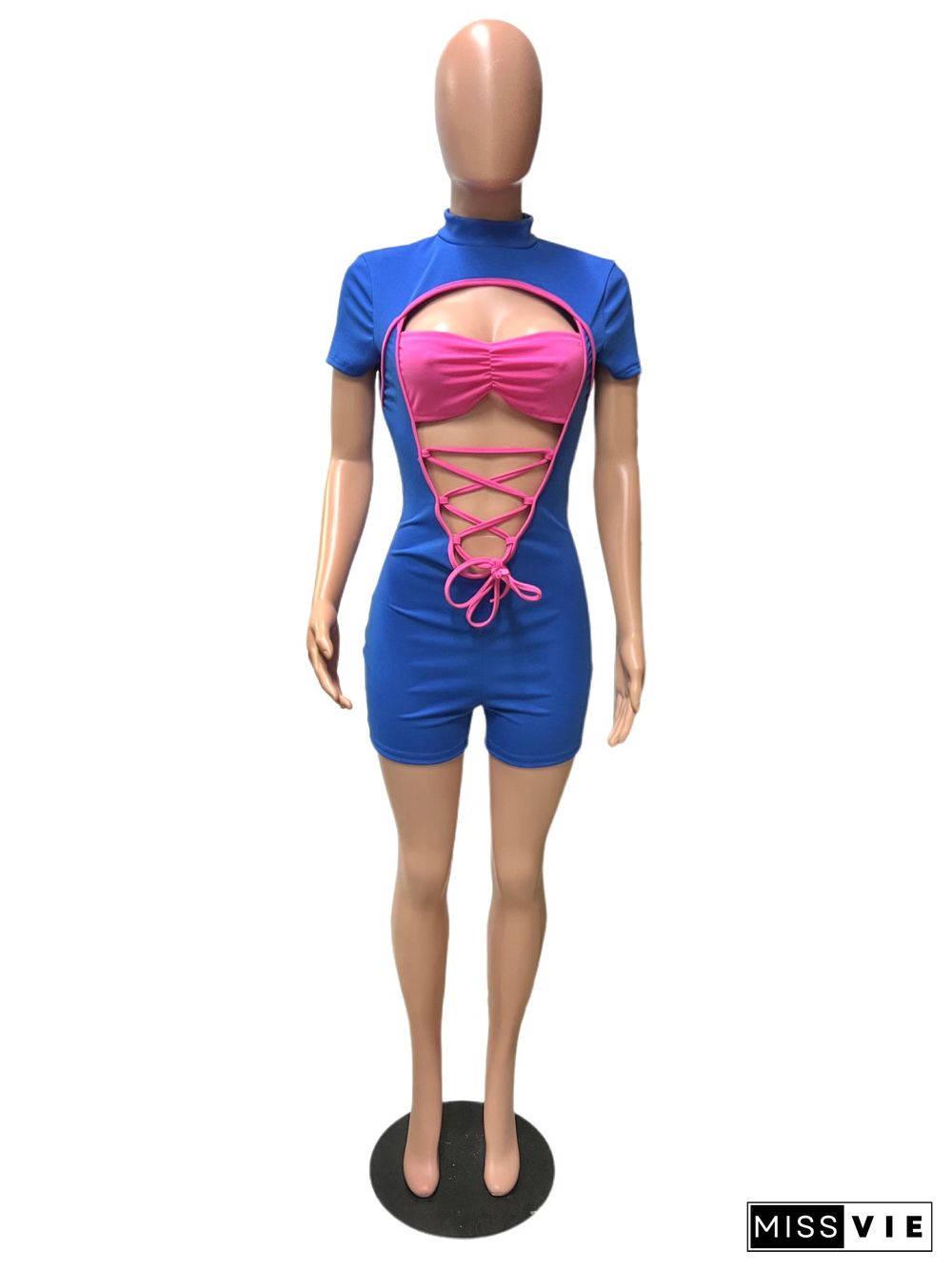 Color Patchwork Cut Out Bandage Bodycon Rompers