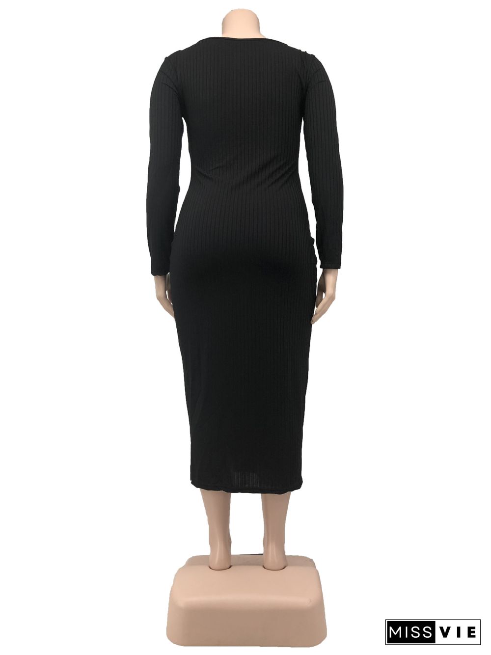 V Neck Knitted Long Sleeve Plus Size Dress