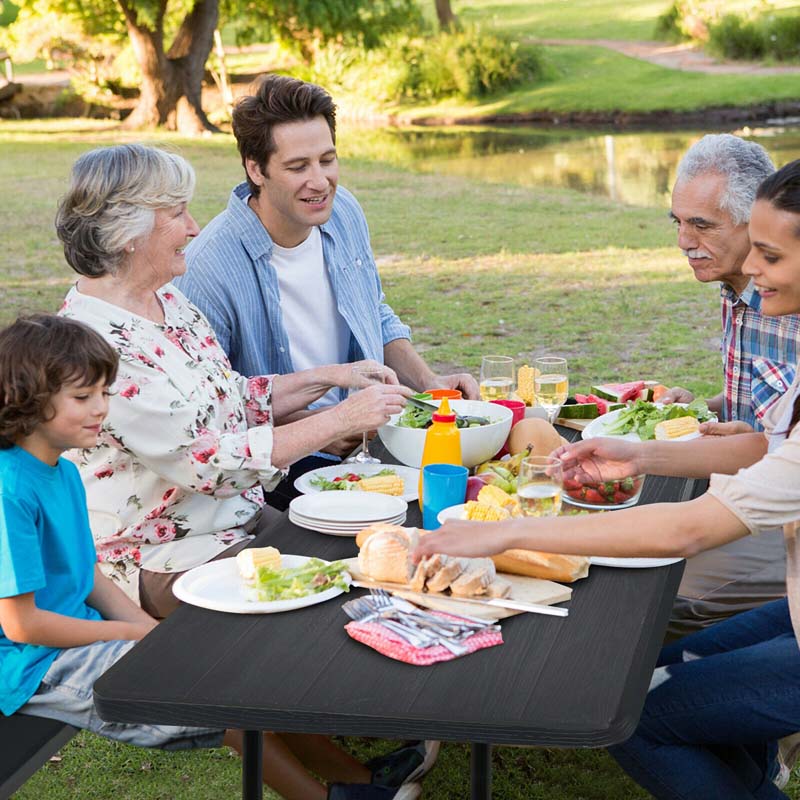 4-Person Folding Picnic Table Bench Set with Wood-like Texture & Metal Frame, Portable Outdoor Camping Dining Table Set