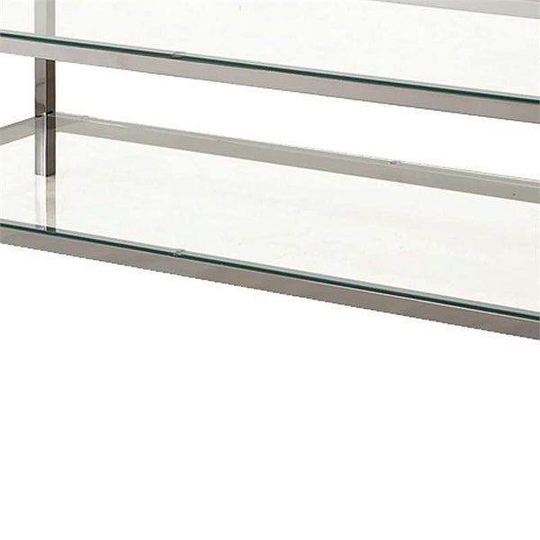 Glass Top Coffee Table with Metal Frame and Open Shelf， Silver - as picture