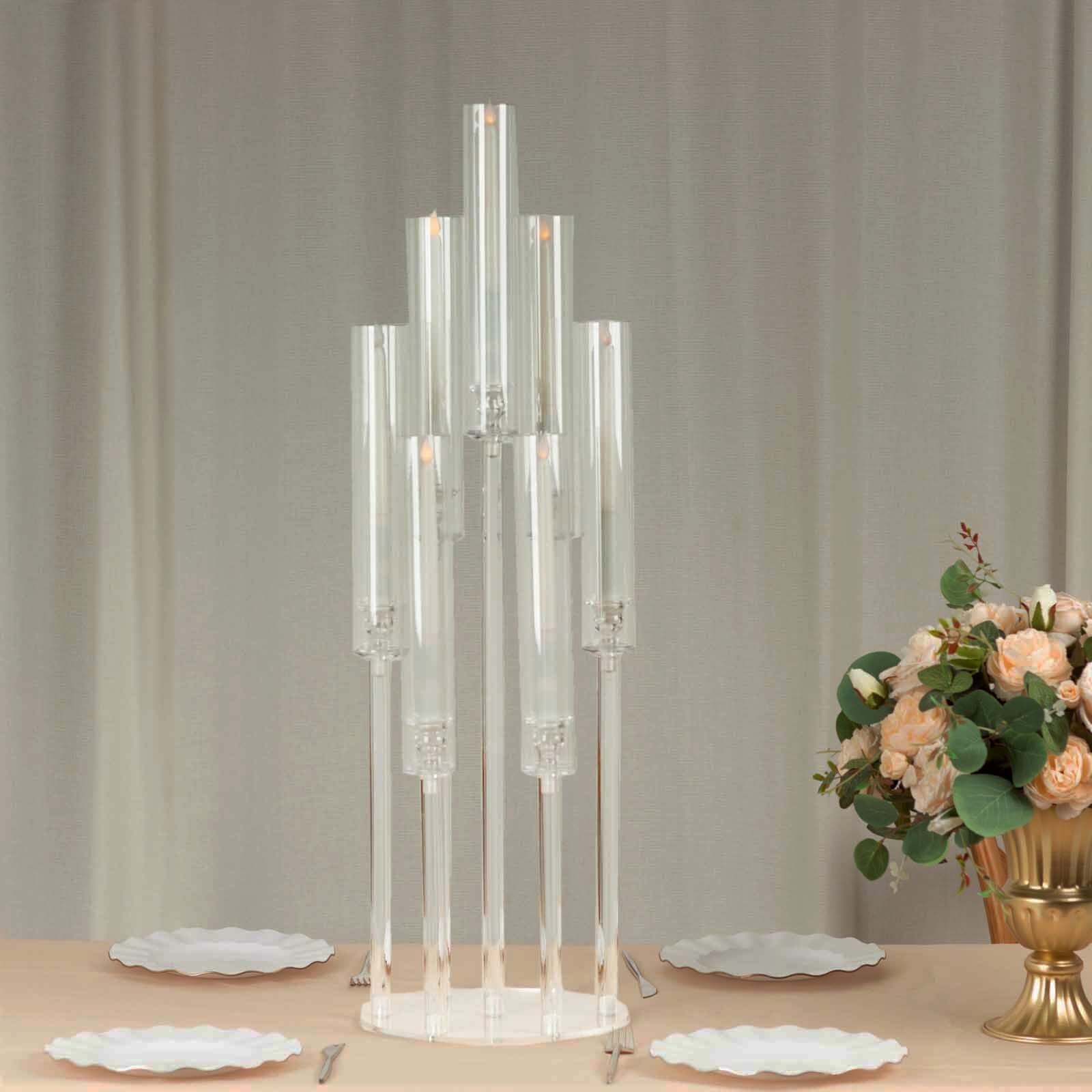 7 Arm Clear Acrylic Cluster Round Taper Candle Holder Candelabra, Pillar Candle Stick Stand With Circular Base - 33