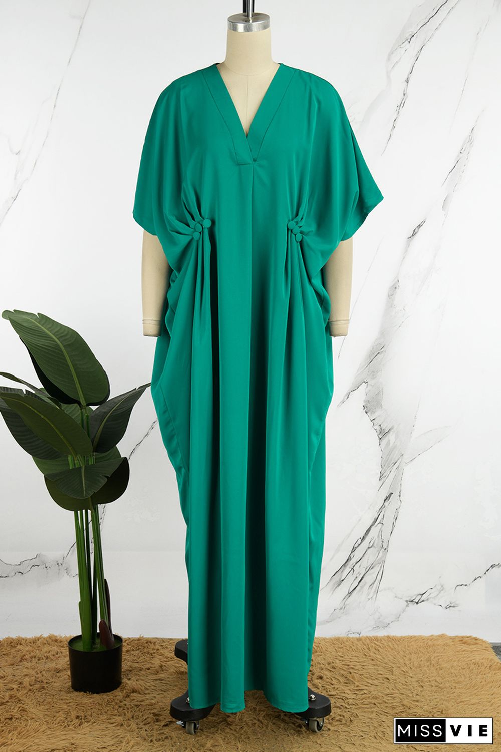 Green Casual Solid Patchwork V Neck Long Dress Plus Size Dresses