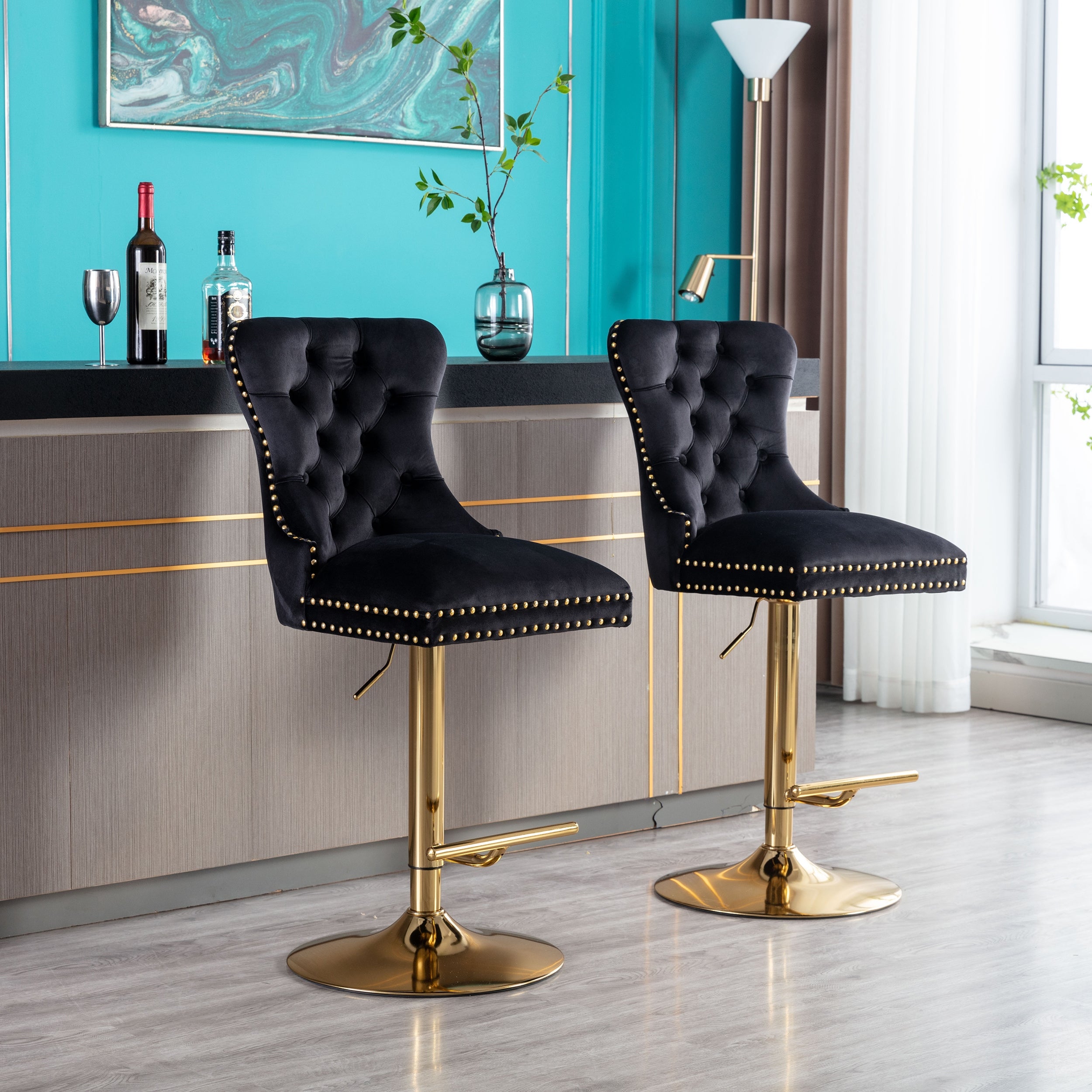 Modern Swivel Bar Stools Set of 2 Adjustable Counter Height with Velvet Upholstered Stool with High Back and Ring Pull