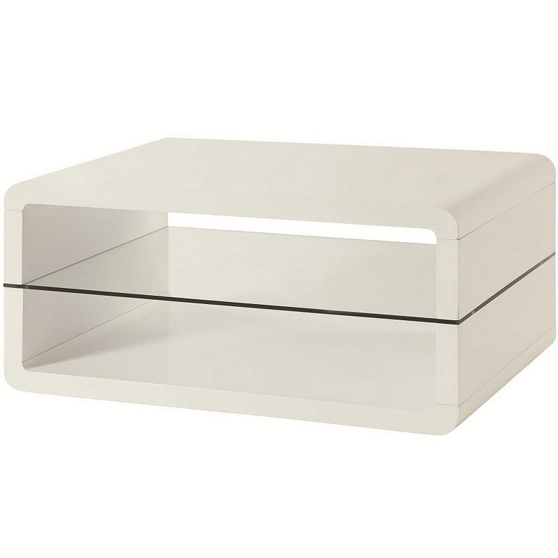 Modern Coffee Table With Rounded Corners and Clear Tempered Glass Shelf， White