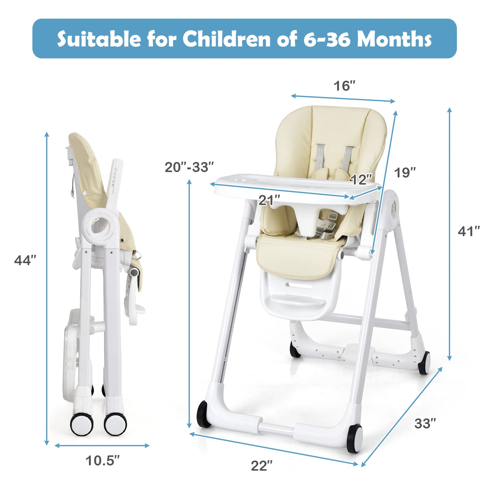 Baby High Chair, Folding Highchair w/ 4 Wheels, One-Step Brake