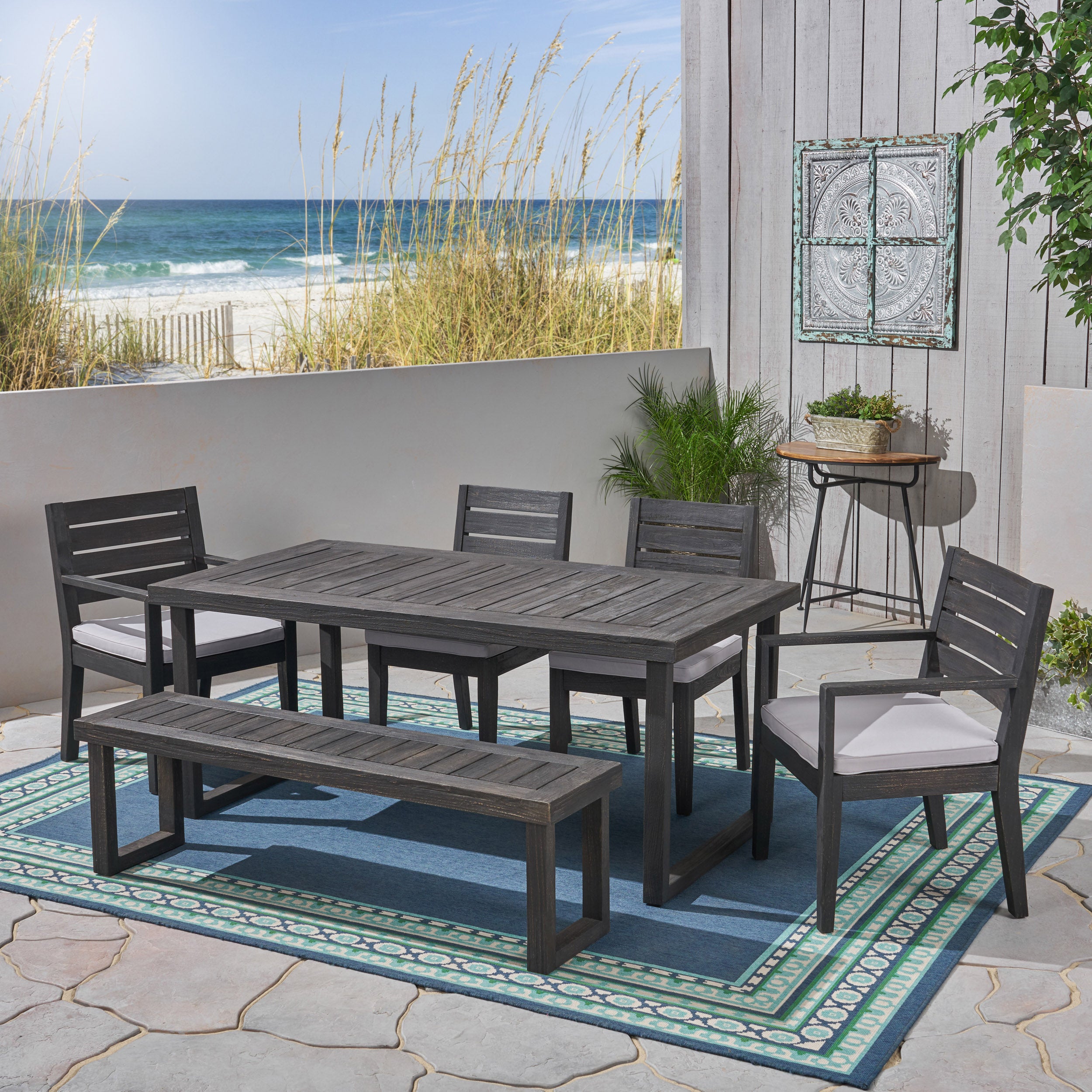 Eric Outdoor 6-Seater Acacia Wood Dining Set with Bench