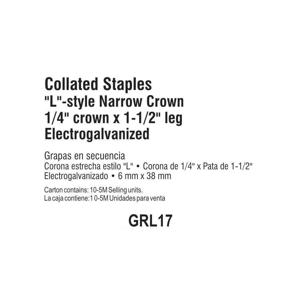 Grip-Rite 1-12 in. x 14 in. 18-Gauge Electrogalvanized L Style Narrow Crown Staples (5000- Per Box) GRL17