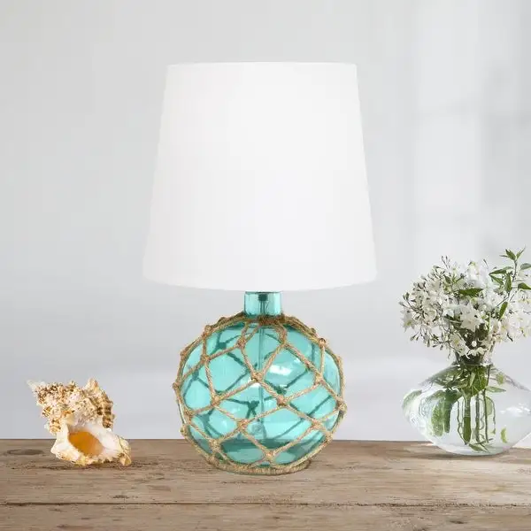 Elegant Designs Buoy Rope Nautical Netted Coastal Ocean Sea Glass Table Lamp with White Fabric Shade， Aqua - 9(L)9(W)14.75(H)