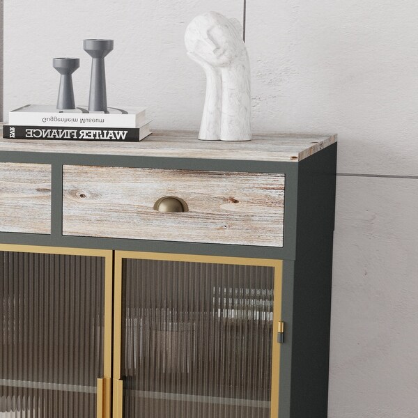 4 Glass Doors Modern Sideboard with 3 Top Drawers