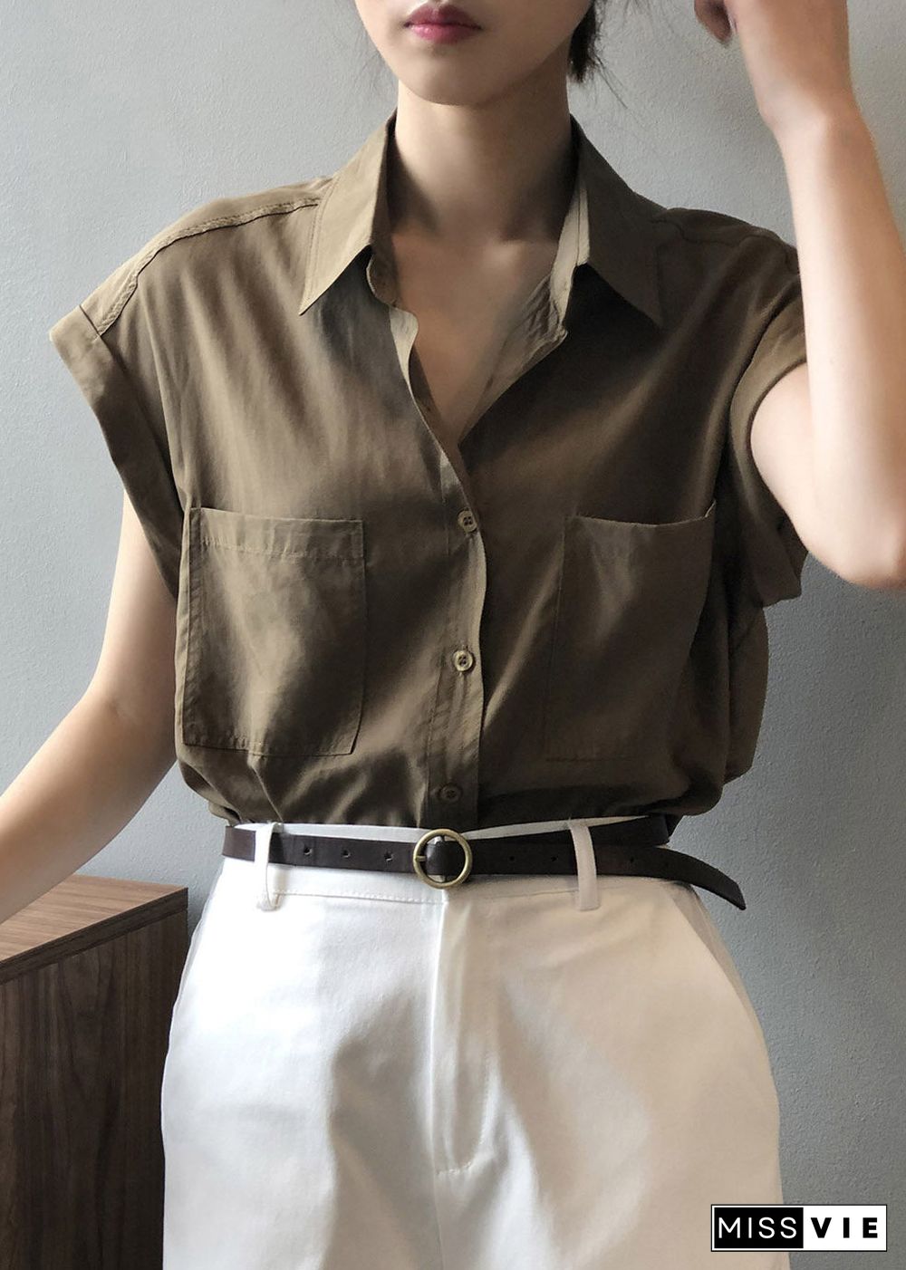 Coffee Button Solid Loose Shirts Short Sleeve