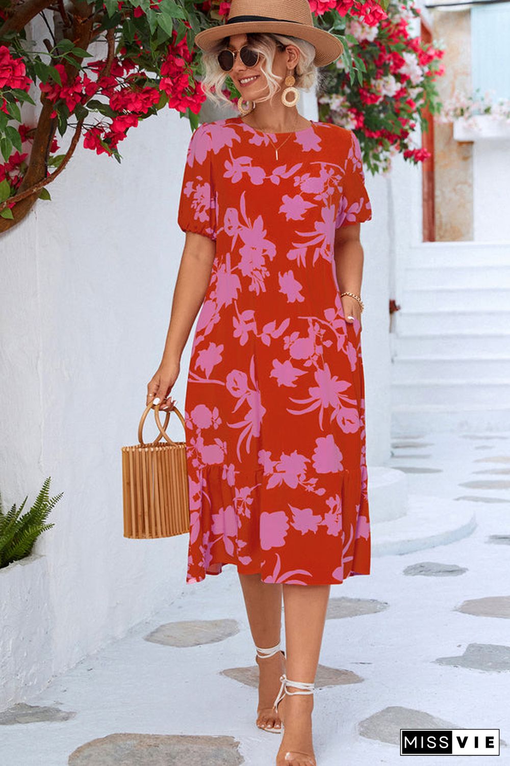 Floral Print Ruffle Hem Short Sleeve Dress