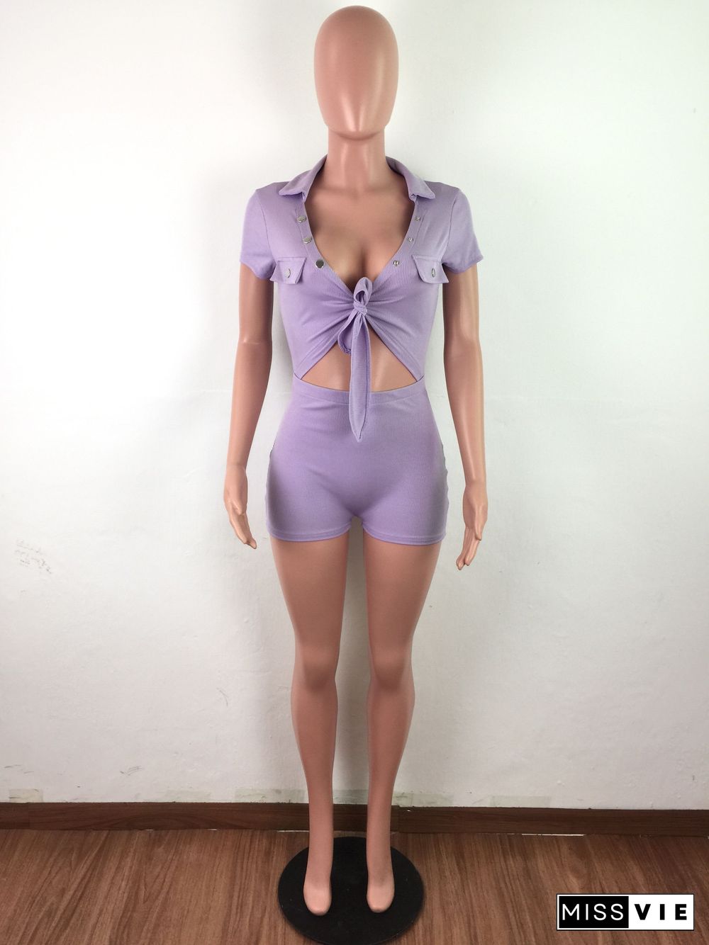 Button Bandage Hollow Out Dew Waist Romper With Mask