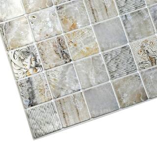 Dundee Deco 3D Falkirk Retro 101000 in. x 38 in. x 19 in. Beige Grey Faux Venecian Marble in Squares PVC Wall Panel TP10013985