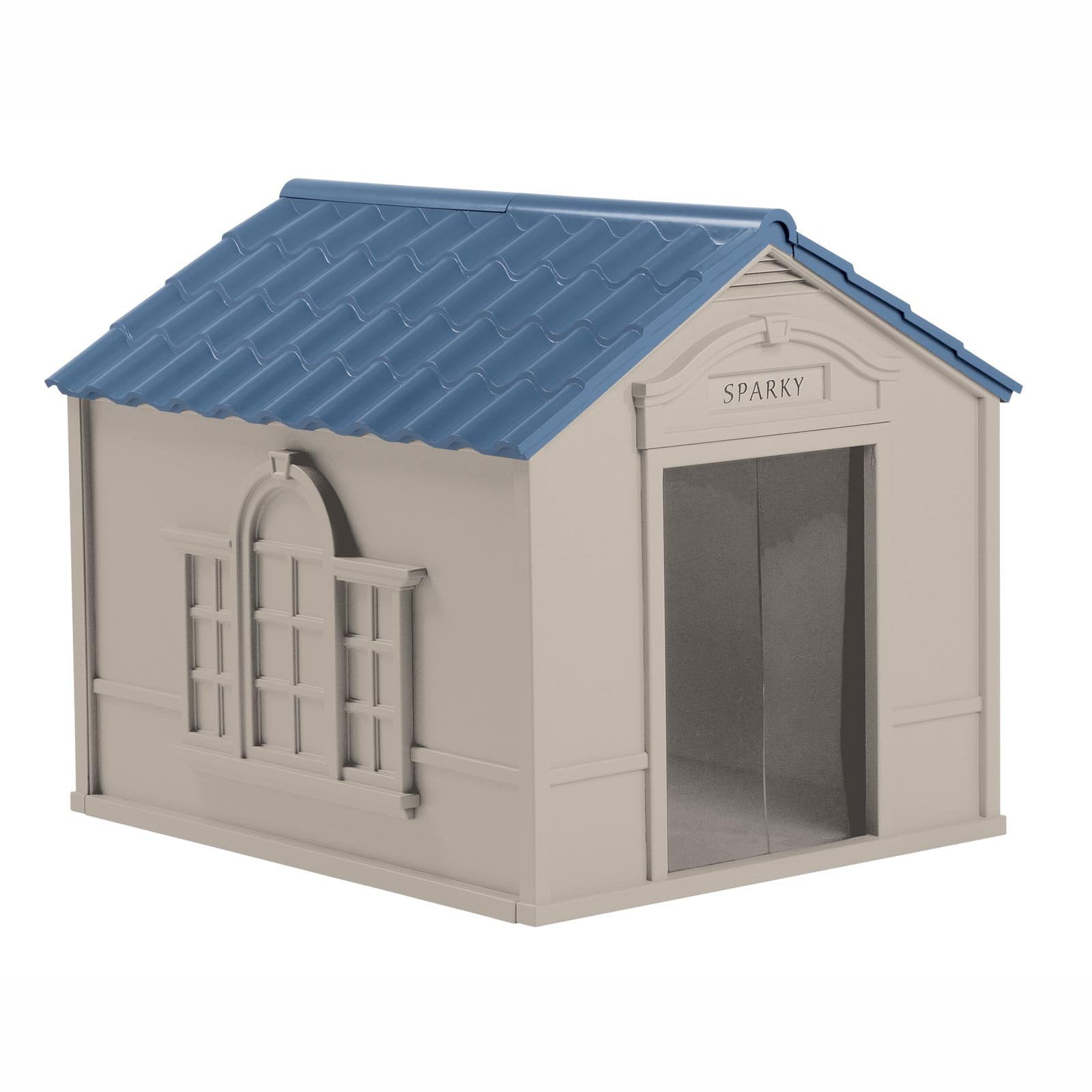 Suncast Deluxe Indoor and Outdoor Dog House for Medium/Large Breeds， Tan/Blue