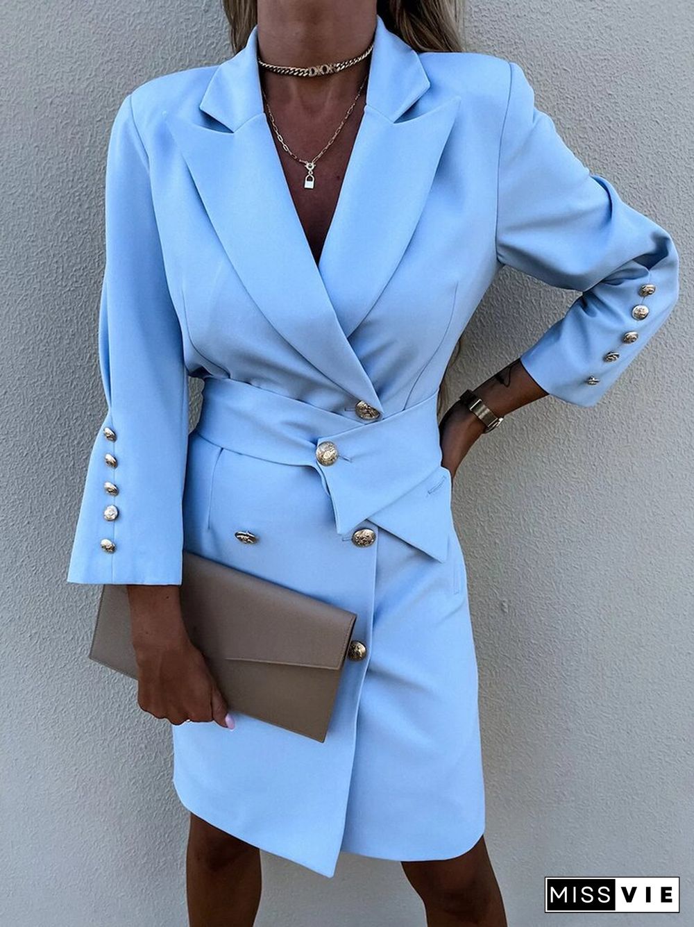 Spring Lady Fashion Office Commuter Suit Dress Casual Solid Long Sleeve Lapel Waist Dresses Fall Button Temperament Women Dress