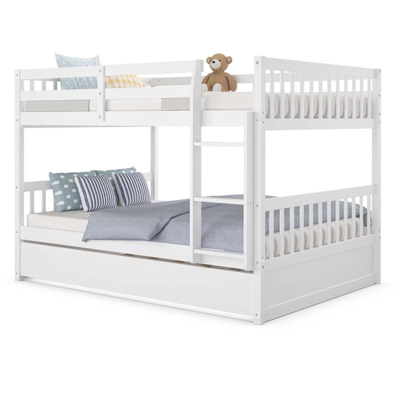 Solid Wood Full Over Full Bunk Bed Frame with Trundle, Safety Ladder & Guardrails, Convertible Bunk Bed for Kids Teens