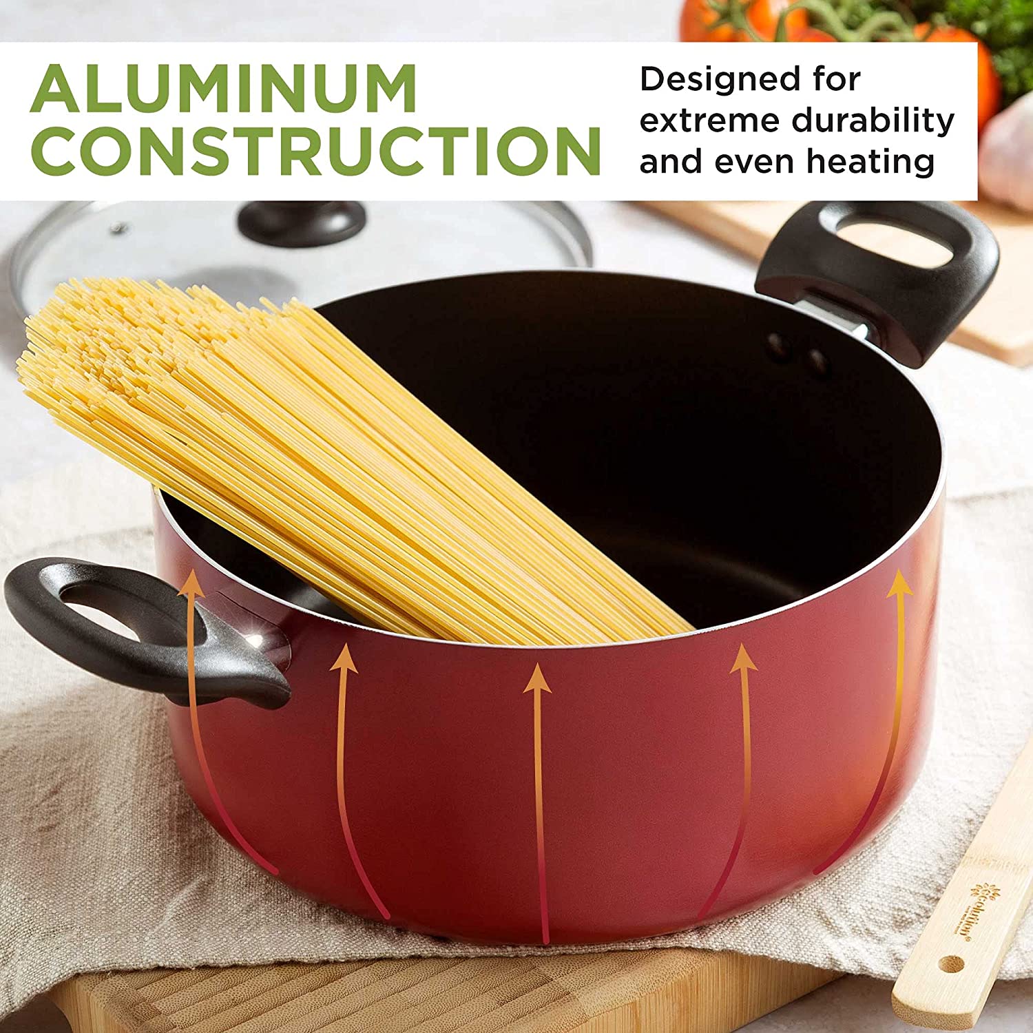 Ecolution Easy Clean Nonstick Cookware Set， Features Kitchen Essentials， Bamboo Cooking Utensils Set， Made without PFOA， Dishwasher Safe， 20-Piece， Red