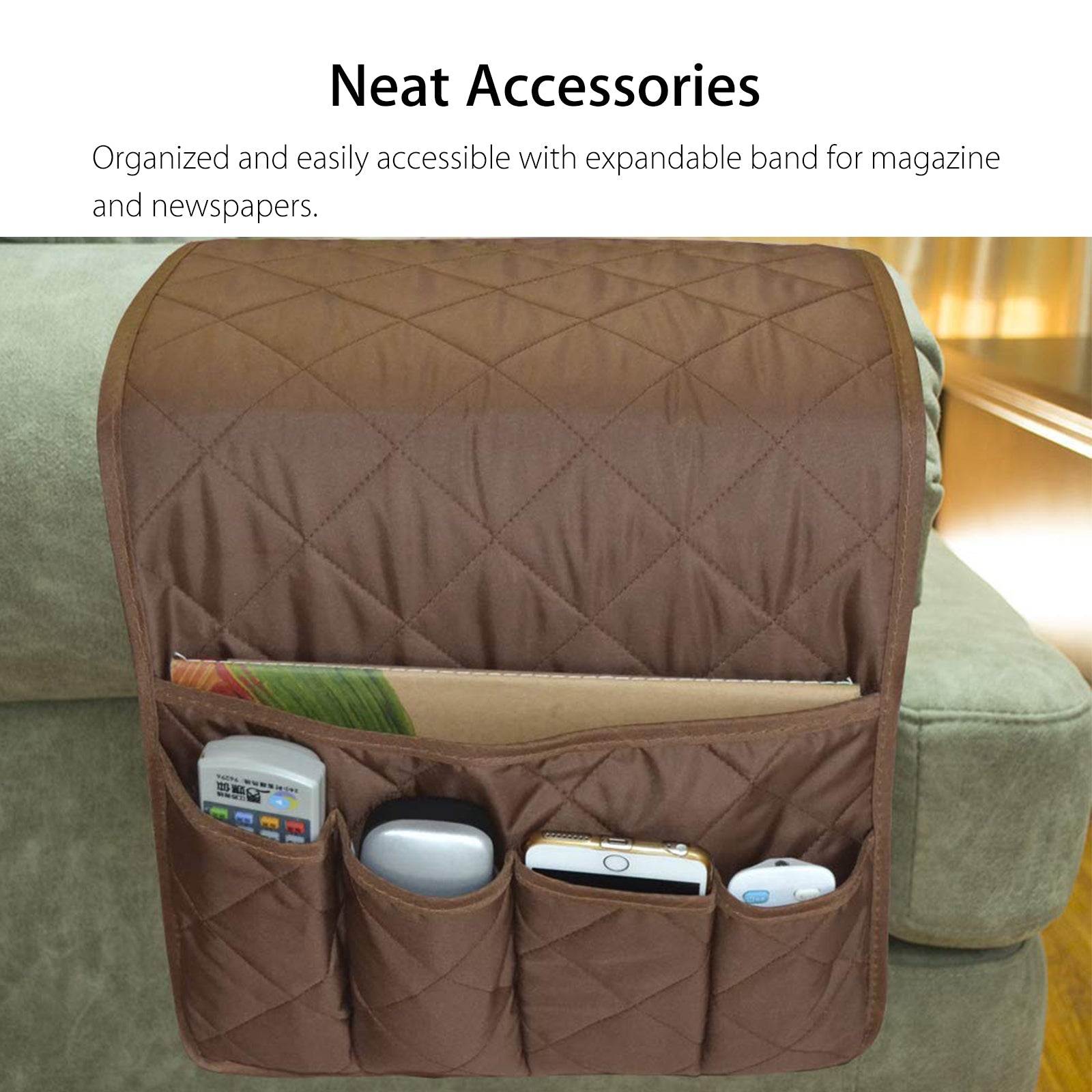 EEEkit Couch Sofa Chair Armrest Remote Control Storage Organizer Holder, Non-Slip Armchair Caddy Pocket Holder Organizer with 5 Pockets for Phone, Book, Magazines, Ipad, TV Remotes