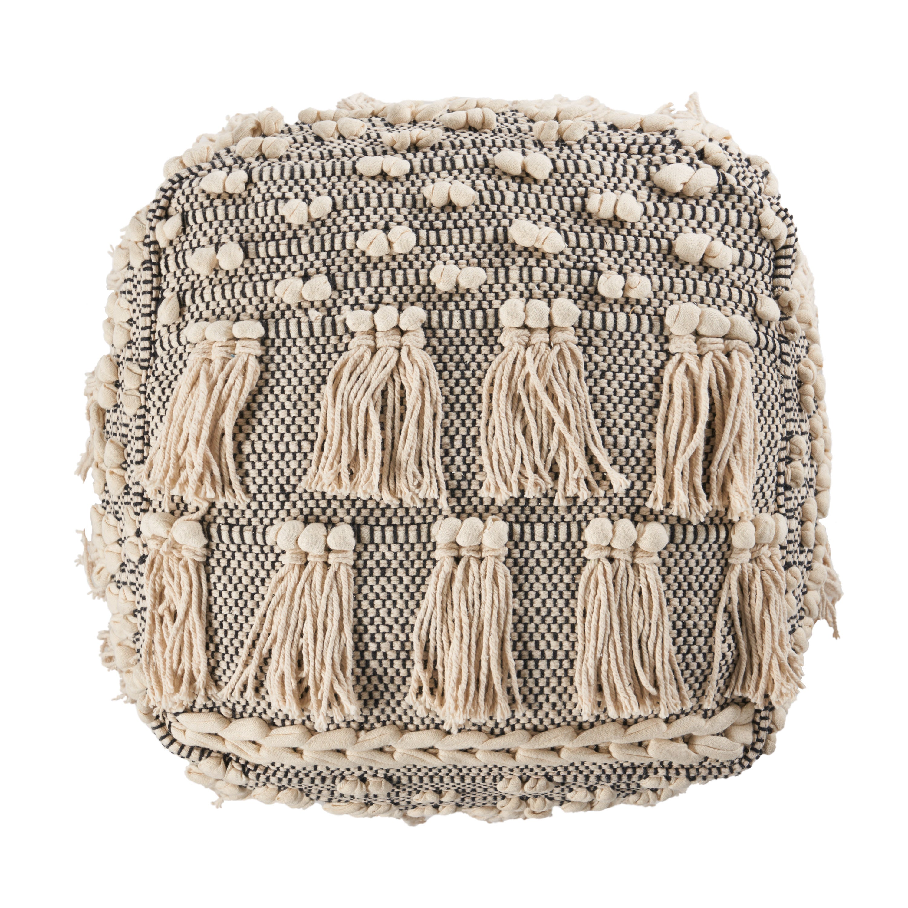 Arcola Handcrafted Boho Fabric Cube Pouf with Tassels