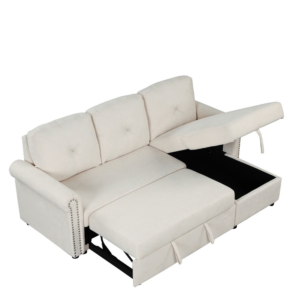 Beige Convertible Sleeper Sofa Bed with Storage Chaise Sleeper Bench