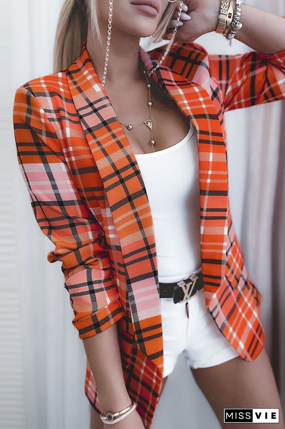 Multicolor Plaid Open Button Blazer Jackets