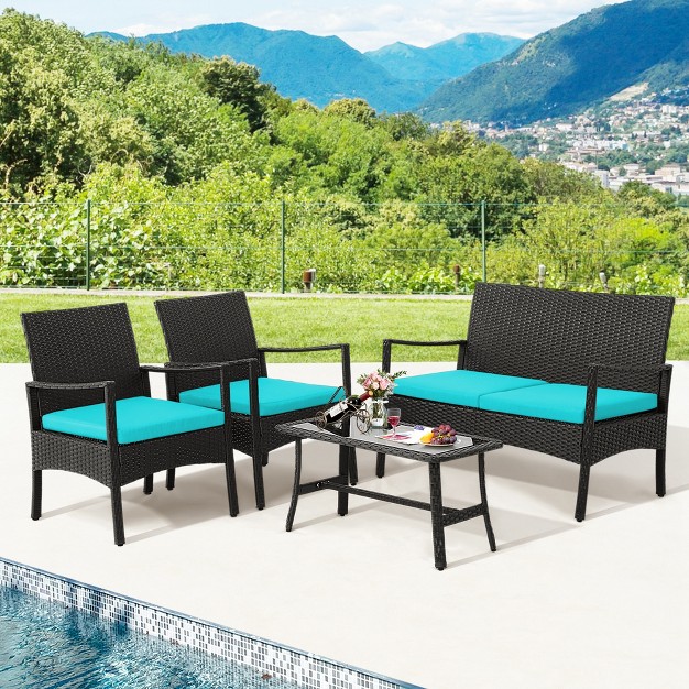 Costway 4pcs Patio Wicker Furniture Set Cushioned Chairs amp Loveseat With Coffee Table Garden