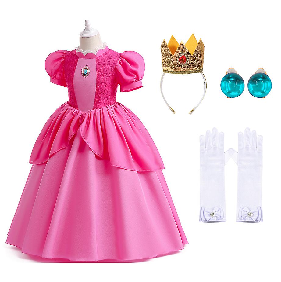 4pcs Girls Princess Peach Dress Super Brothers Cosplay Costume Fancy Dress Outfits Role Play